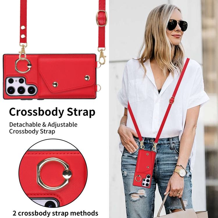 For Samsung Galaxy S23 Ultra 5G Zipper Card Bag Phone Case with Dual Lanyard(Red)