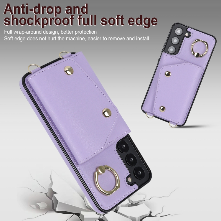 For Samsung Galaxy S22 5G Zipper Card Bag Phone Case with Dual Lanyard(Purple) For Samsung Galaxy S22 5G Zipper Card Bag Phone Case with Dual Lanyard(Purple)