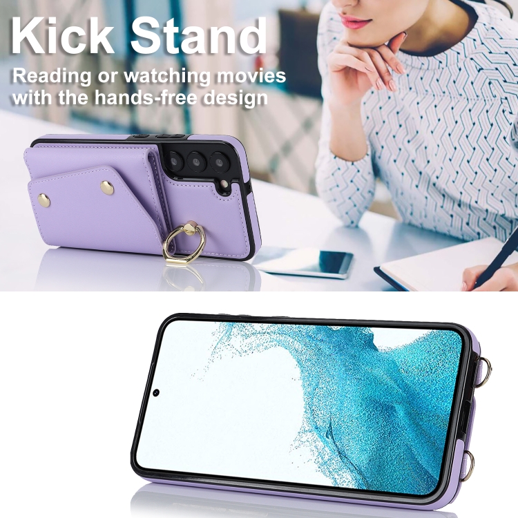 For Samsung Galaxy S22 5G Zipper Card Bag Phone Case with Dual Lanyard(Purple) For Samsung Galaxy S22 5G Zipper Card Bag Phone Case with Dual Lanyard(Purple)