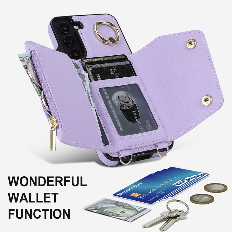 For Samsung Galaxy S22 5G Zipper Card Bag Phone Case with Dual Lanyard(Purple) For Samsung Galaxy S22 5G Zipper Card Bag Phone Case with Dual Lanyard(Purple)