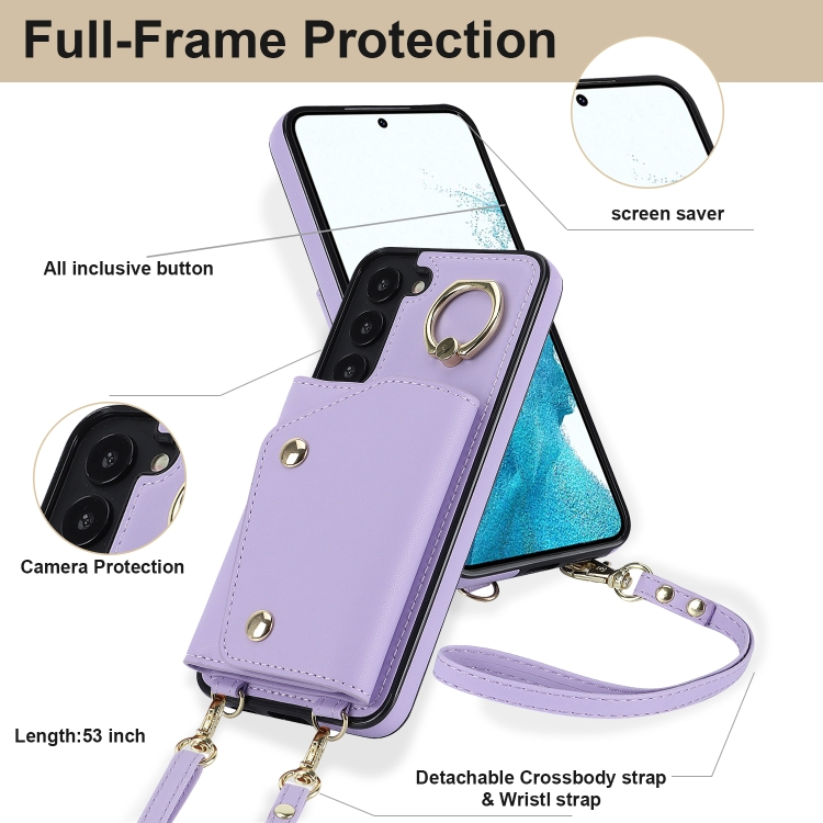 For Samsung Galaxy S22 5G Zipper Card Bag Phone Case with Dual Lanyard(Purple) For Samsung Galaxy S22 5G Zipper Card Bag Phone Case with Dual Lanyard(Purple)