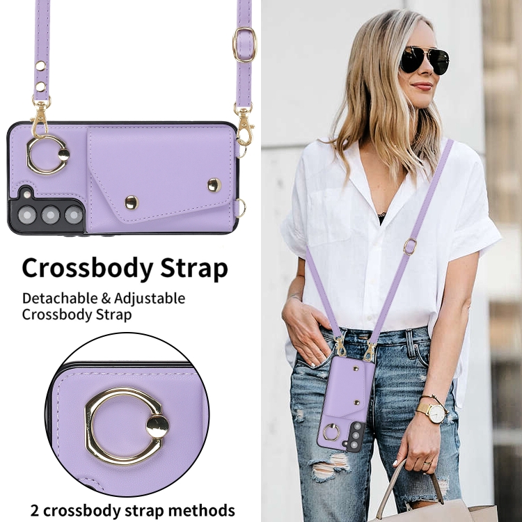 For Samsung Galaxy S22 5G Zipper Card Bag Phone Case with Dual Lanyard(Purple) For Samsung Galaxy S22 5G Zipper Card Bag Phone Case with Dual Lanyard(Purple)