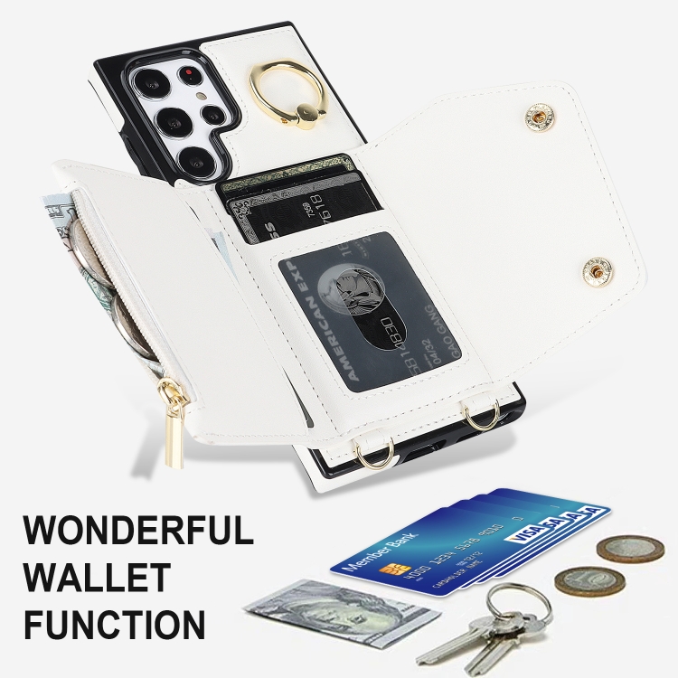 For Samsung Galaxy S22 Ultra 5G Zipper Card Bag Phone Case with Dual Lanyard(White) For Samsung Galaxy S22 Ultra 5G Zipper Card Bag Phone Case with Dual Lanyard(White)