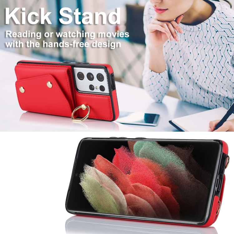 For Samsung Galaxy S21 Ultra 5G Zipper Card Bag Phone Case with Dual Lanyard(Red) For Samsung Galaxy S21 Ultra 5G Zipper Card Bag Phone Case with Dual Lanyard(Red)