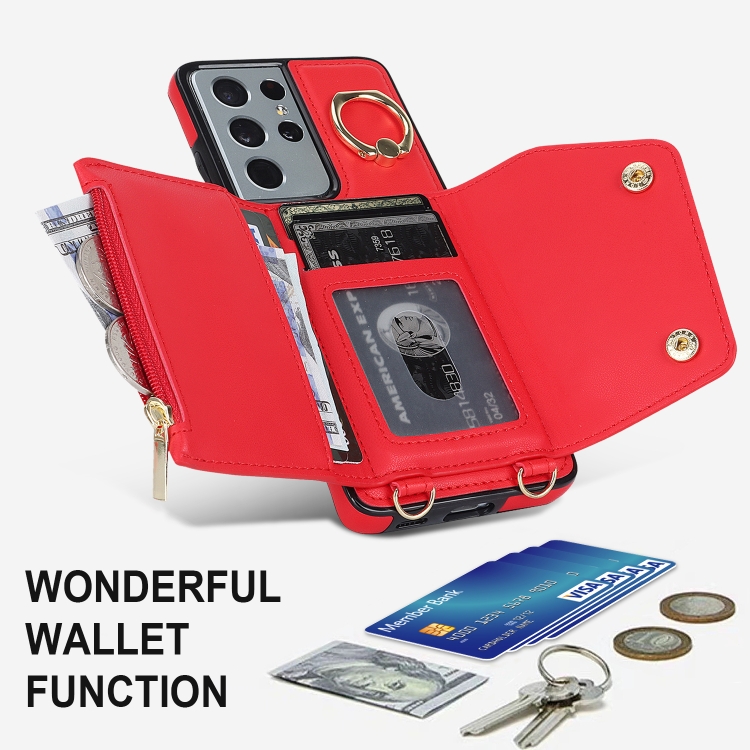 For Samsung Galaxy S21 Ultra 5G Zipper Card Bag Phone Case with Dual Lanyard(Red) For Samsung Galaxy S21 Ultra 5G Zipper Card Bag Phone Case with Dual Lanyard(Red)