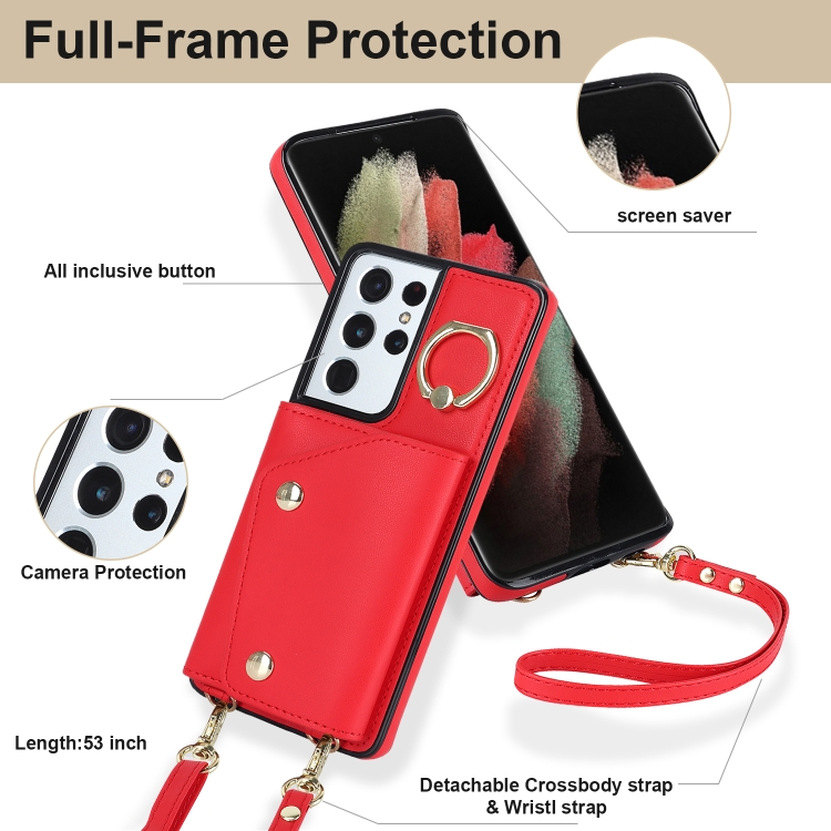 For Samsung Galaxy S21 Ultra 5G Zipper Card Bag Phone Case with Dual Lanyard(Red) For Samsung Galaxy S21 Ultra 5G Zipper Card Bag Phone Case with Dual Lanyard(Red)