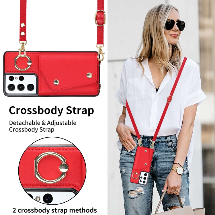 For Samsung Galaxy S21 Ultra 5G Zipper Card Bag Phone Case with Dual Lanyard(Red) For Samsung Galaxy S21 Ultra 5G Zipper Card Bag Phone Case with Dual Lanyard(Red)