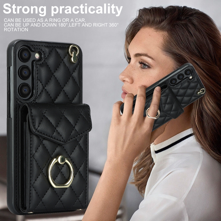 For Samsung Galaxy S23+ 5G Rhombic Texture Card Bag Phone Case with Long Lanyard(Black) For Samsung Galaxy S23+ 5G Rhombic Texture Card Bag Phone Case with Long Lanyard(Black)