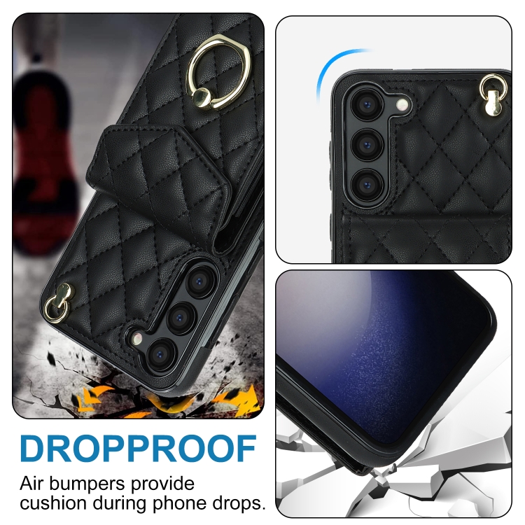 For Samsung Galaxy S23+ 5G Rhombic Texture Card Bag Phone Case with Long Lanyard(Black) For Samsung Galaxy S23+ 5G Rhombic Texture Card Bag Phone Case with Long Lanyard(Black)