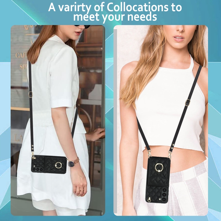 For Samsung Galaxy S23+ 5G Rhombic Texture Card Bag Phone Case with Long Lanyard(Black) For Samsung Galaxy S23+ 5G Rhombic Texture Card Bag Phone Case with Long Lanyard(Black)