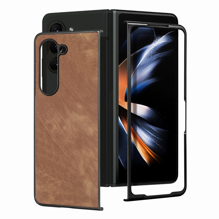 For Samsung Galaxy Z Fold5 Skin-feel Solid Color PU Back Cover Phone Case(Brown) For Samsung Galaxy Z Fold5 Skin-feel Solid Color PU Back Cover Phone Case(Brown)