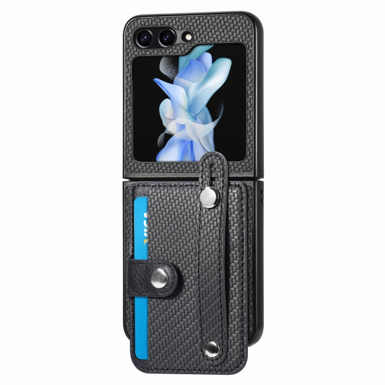 For Samsung Galaxy Z Flip5 Carbon Fiber Wristband Wallet Back Phone Case(Black) For Samsung Galaxy Z Flip5 Carbon Fiber Wristband Wallet Back Phone Case(Black)
