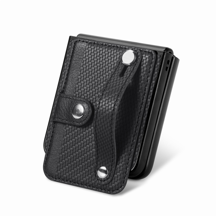 For Samsung Galaxy Z Flip5 Carbon Fiber Wristband Wallet Back Phone Case(Black) For Samsung Galaxy Z Flip5 Carbon Fiber Wristband Wallet Back Phone Case(Black)