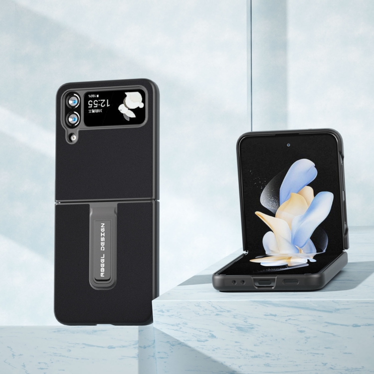 For Samsung Galaxy Z Flip4 Genuine Silky Soft ABEEL Black Edge Phone Case with Holder(Black) For Samsung Galaxy Z Flip4 Genuine Silky Soft ABEEL Black Edge Phone Case with Holder(Black)