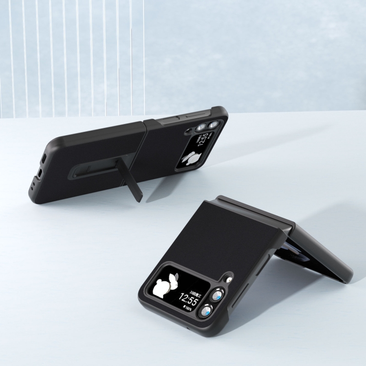 For Samsung Galaxy Z Flip4 Genuine Silky Soft ABEEL Black Edge Phone Case with Holder(Black) For Samsung Galaxy Z Flip4 Genuine Silky Soft ABEEL Black Edge Phone Case with Holder(Black)