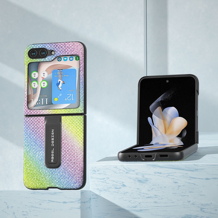 For Samsung Galaxy Z Flip5 Diamond Series Black Edge Phone Case with Holder(Rainbow) For Samsung Galaxy Z Flip5 Diamond Series Black Edge Phone Case with Holder(Rainbow)