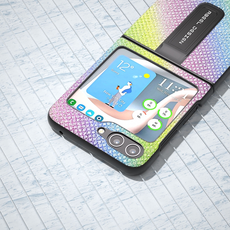 For Samsung Galaxy Z Flip5 Diamond Series Black Edge Phone Case with Holder(Rainbow) For Samsung Galaxy Z Flip5 Diamond Series Black Edge Phone Case with Holder(Rainbow)