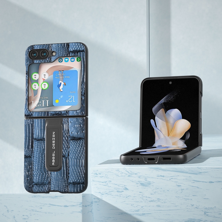For Samsung Galaxy Z Flip5 ABEEL Genuine Leather Mahjong Texture Series Phone Case with Holder(Blue)