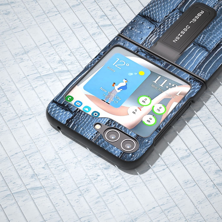 For Samsung Galaxy Z Flip5 ABEEL Genuine Leather Mahjong Texture Series Phone Case with Holder(Blue)