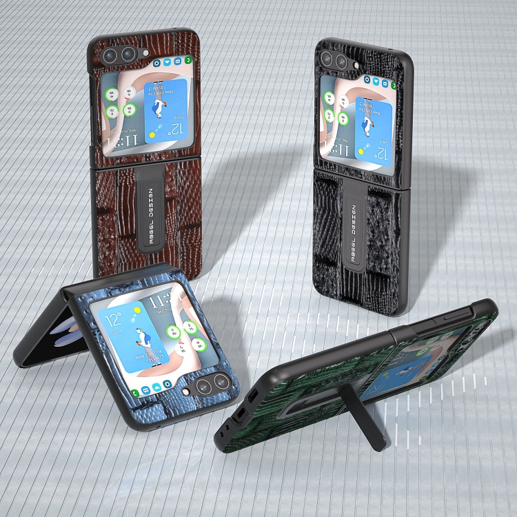 For Samsung Galaxy Z Flip5 ABEEL Genuine Leather Mahjong Texture Series Phone Case with Holder(Blue)