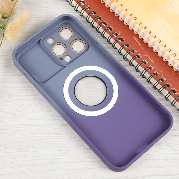 Pour iPhone 14 Plus Coque de téléphone Magsafe antichoc en silicone dégradé  avec film d'objectif (gris violet)