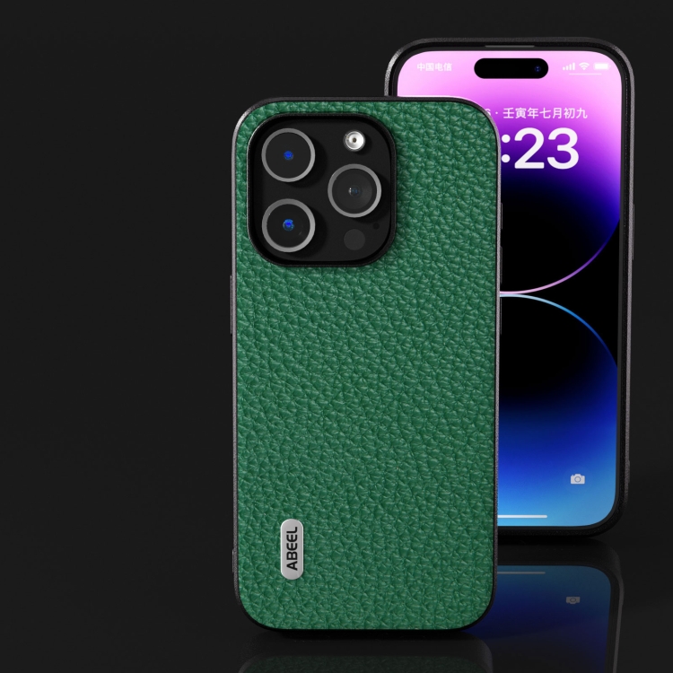 For iPhone 15 ABEEL Genuine Leather Litchi Texture Phone Case(Green) For iPhone 15 ABEEL Genuine Leather Litchi Texture Phone Case(Green)