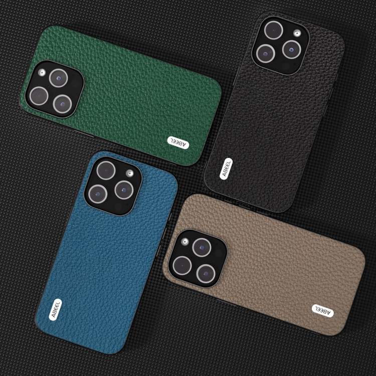 For iPhone 15 ABEEL Genuine Leather Litchi Texture Phone Case(Green) For iPhone 15 ABEEL Genuine Leather Litchi Texture Phone Case(Green)