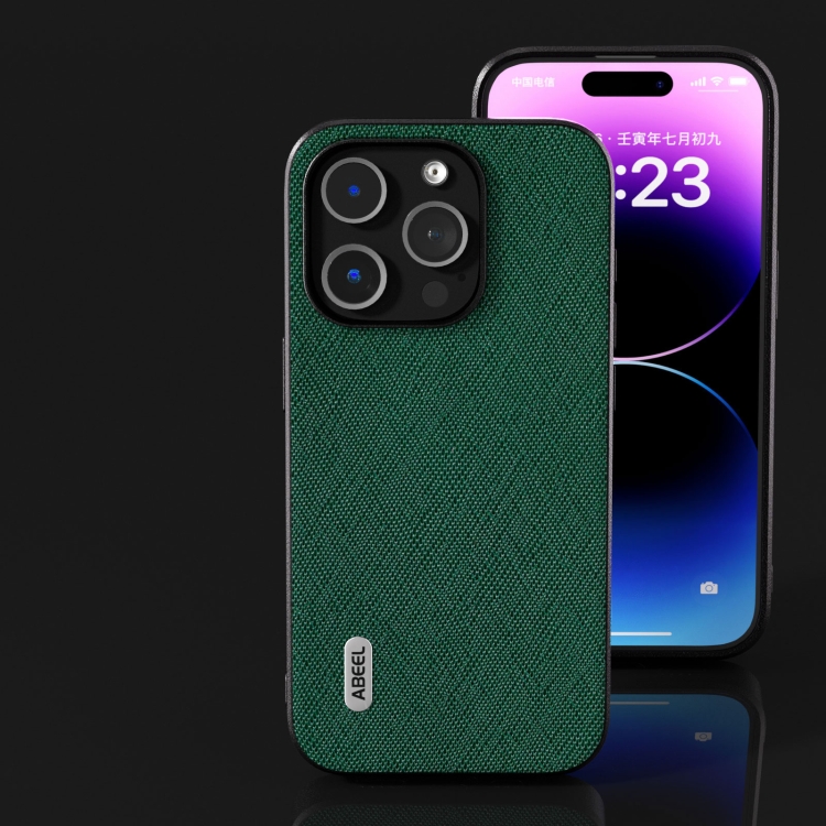 For iPhone 14 Plus ABEEL Cross Texture Genuine Leather Phone Case(Green) For iPhone 14 Plus ABEEL Cross Texture Genuine Leather Phone Case(Green)