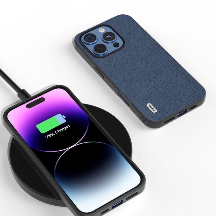 For iPhone 16 Pro ABEEL Genuine Leather + PC Litchi Texture Phone Case(Blue) For iPhone 16 Pro ABEEL Genuine Leather + PC Litchi Texture Phone Case(Blue)