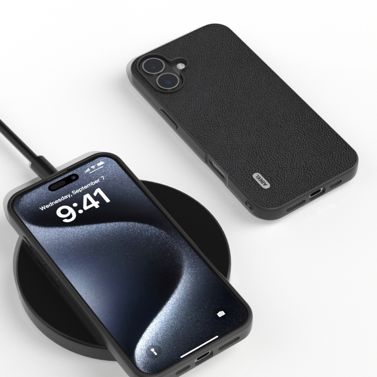 For iPhone 16 ABEEL Genuine Leather + PC Litchi Texture Phone Case(Black) For iPhone 16 ABEEL Genuine Leather + PC Litchi Texture Phone Case(Black)
