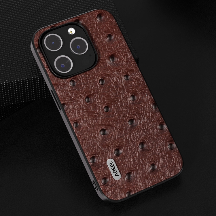For iPhone 14 Pro ABEEL Genuine Leather Ostrich Texture Phone Case(Coffee) For iPhone 14 Pro ABEEL Genuine Leather Ostrich Texture Phone Case(Coffee)