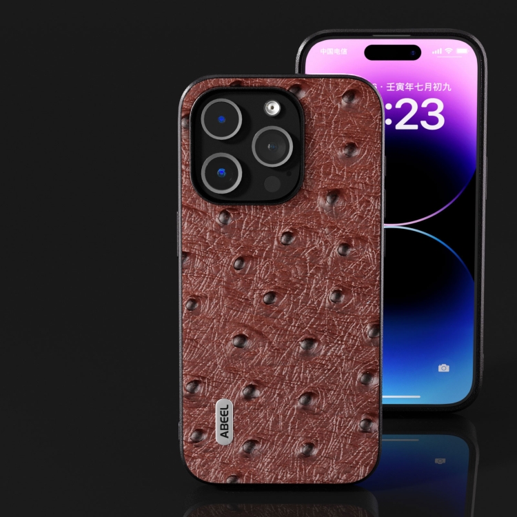For iPhone 14 Pro ABEEL Genuine Leather Ostrich Texture Phone Case(Coffee) For iPhone 14 Pro ABEEL Genuine Leather Ostrich Texture Phone Case(Coffee)