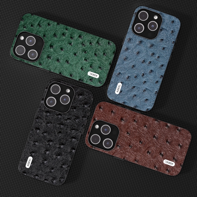 For iPhone 14 Pro ABEEL Genuine Leather Ostrich Texture Phone Case(Coffee) For iPhone 14 Pro ABEEL Genuine Leather Ostrich Texture Phone Case(Coffee)