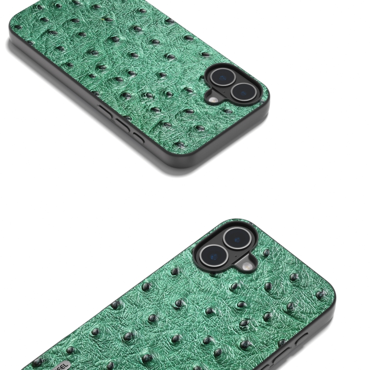 For iPhone 16 ABEEL Genuine Leather Ostrich Texture Phone Case(Green) For iPhone 16 ABEEL Genuine Leather Ostrich Texture Phone Case(Green)