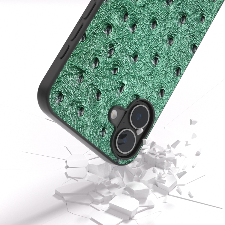 For iPhone 16 ABEEL Genuine Leather Ostrich Texture Phone Case(Green) For iPhone 16 ABEEL Genuine Leather Ostrich Texture Phone Case(Green)