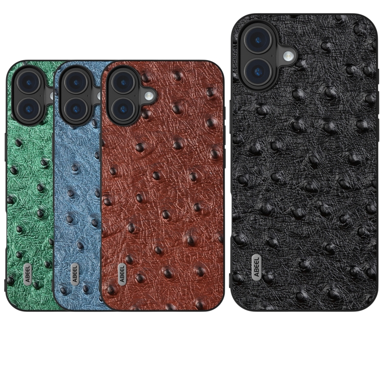 For iPhone 16 ABEEL Genuine Leather Ostrich Texture Phone Case(Green) For iPhone 16 ABEEL Genuine Leather Ostrich Texture Phone Case(Green)