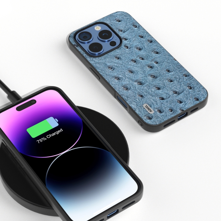 For iPhone 16 Pro ABEEL Genuine Leather Ostrich Texture Phone Case(Blue) For iPhone 16 Pro ABEEL Genuine Leather Ostrich Texture Phone Case(Blue)