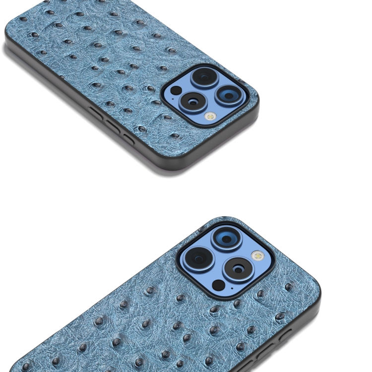 For iPhone 16 Pro ABEEL Genuine Leather Ostrich Texture Phone Case(Blue) For iPhone 16 Pro ABEEL Genuine Leather Ostrich Texture Phone Case(Blue)