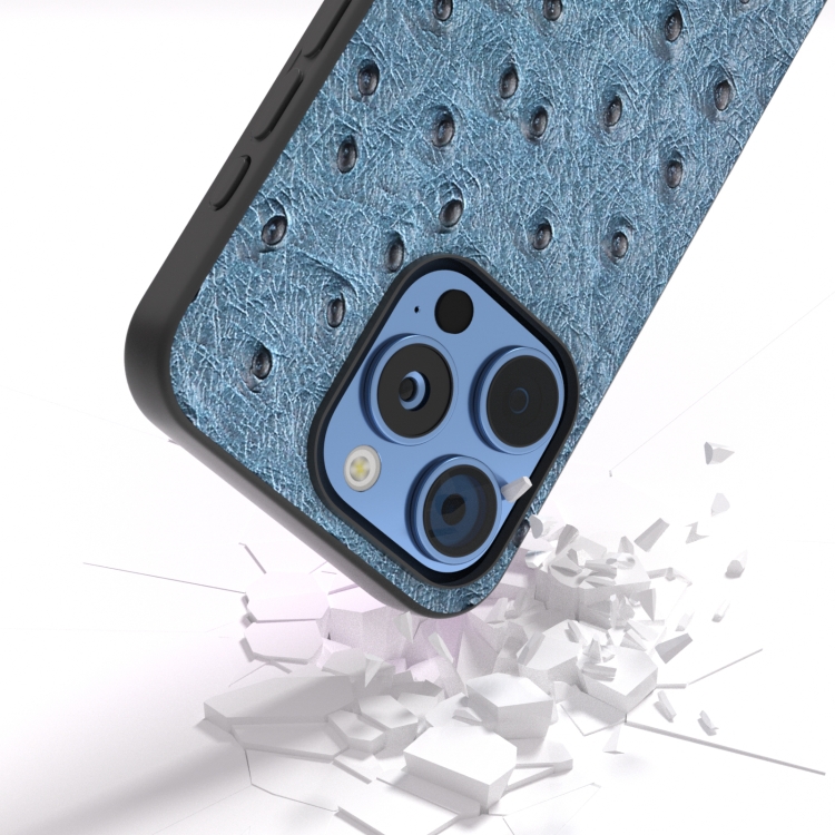 For iPhone 16 Pro ABEEL Genuine Leather Ostrich Texture Phone Case(Blue) For iPhone 16 Pro ABEEL Genuine Leather Ostrich Texture Phone Case(Blue)