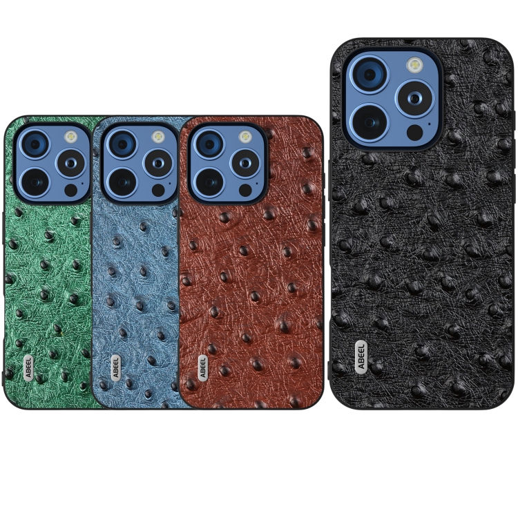 For iPhone 16 Pro ABEEL Genuine Leather Ostrich Texture Phone Case(Blue) For iPhone 16 Pro ABEEL Genuine Leather Ostrich Texture Phone Case(Blue)