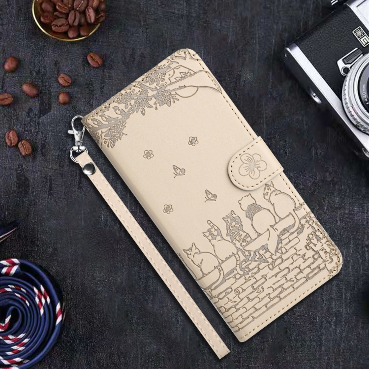 For iPhone 16 Pro Cat Embossing Pattern Leather Phone Case with Lanyard(Beige) For iPhone 16 Pro Cat Embossing Pattern Leather Phone Case with Lanyard(Beige)