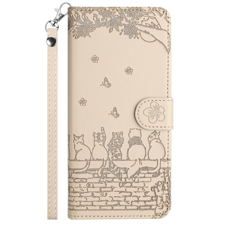 For iPhone 16 Pro Cat Embossing Pattern Leather Phone Case with Lanyard(Beige) For iPhone 16 Pro Cat Embossing Pattern Leather Phone Case with Lanyard(Beige)