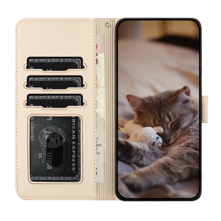For iPhone 16 Pro Cat Embossing Pattern Leather Phone Case with Lanyard(Beige) For iPhone 16 Pro Cat Embossing Pattern Leather Phone Case with Lanyard(Beige)