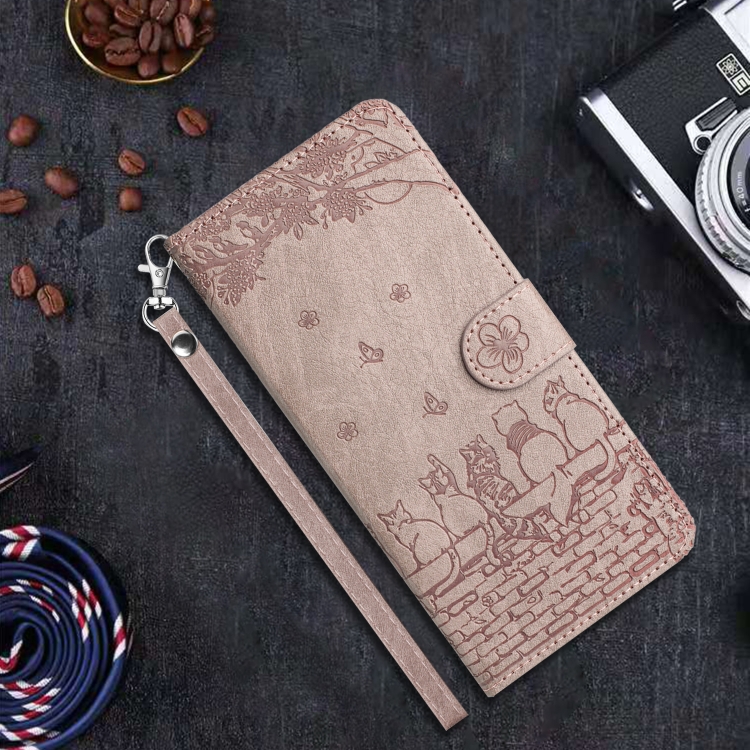 For iPhone 16 Plus Cat Embossing Pattern Leather Phone Case with Lanyard(Grey)