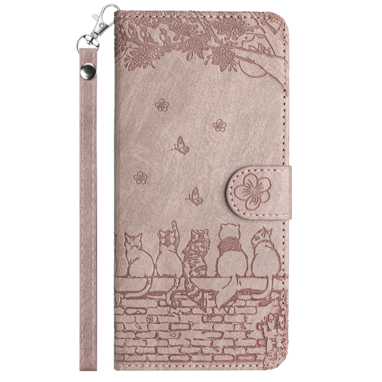 For iPhone 16 Plus Cat Embossing Pattern Leather Phone Case with Lanyard(Grey)