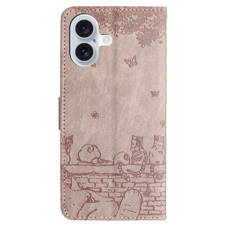 For iPhone 16 Plus Cat Embossing Pattern Leather Phone Case with Lanyard(Grey)
