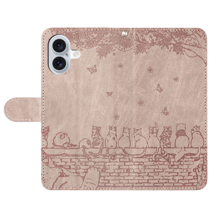 For iPhone 16 Plus Cat Embossing Pattern Leather Phone Case with Lanyard(Grey)