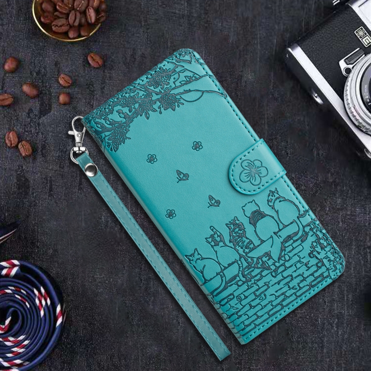 For iPhone 16 Cat Embossing Pattern Leather Phone Case with Lanyard(Blue) For iPhone 16 Cat Embossing Pattern Leather Phone Case with Lanyard(Blue)