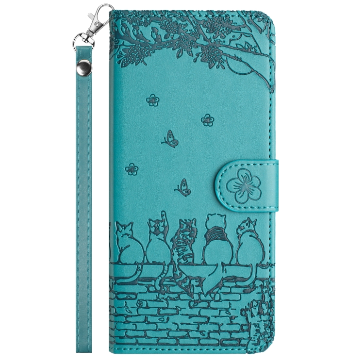 For iPhone 16 Cat Embossing Pattern Leather Phone Case with Lanyard(Blue) For iPhone 16 Cat Embossing Pattern Leather Phone Case with Lanyard(Blue)