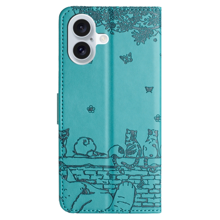 For iPhone 16 Cat Embossing Pattern Leather Phone Case with Lanyard(Blue) For iPhone 16 Cat Embossing Pattern Leather Phone Case with Lanyard(Blue)
